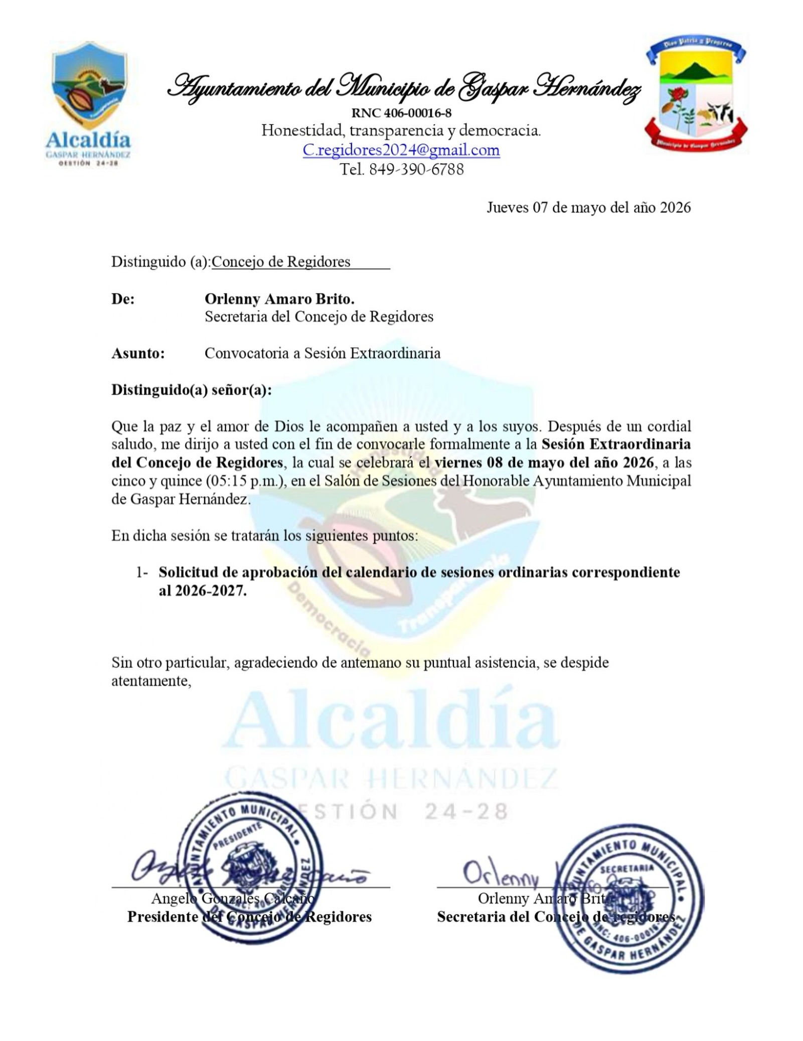 INVITACION A SESION ALCALDIA DE GASPAR HERNANDEZ.